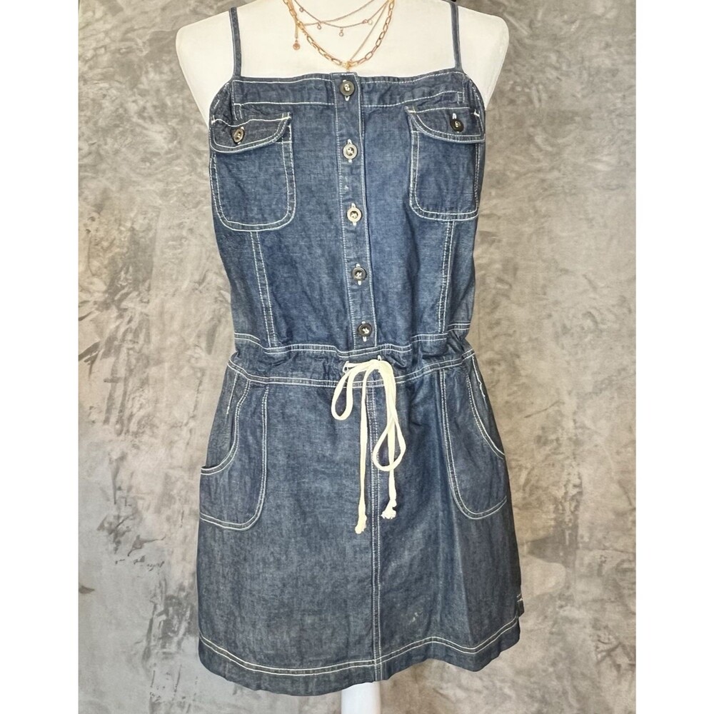 Mossimo Supply Co Drawstring 100% Cotton Y2K Button Romper Denim Dress Size L